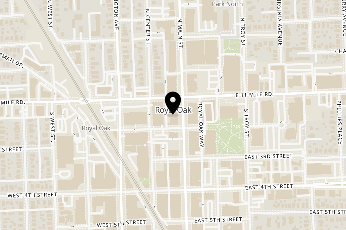 Map showing the location of The Great Dane on 112 S Main St in Royal Oak